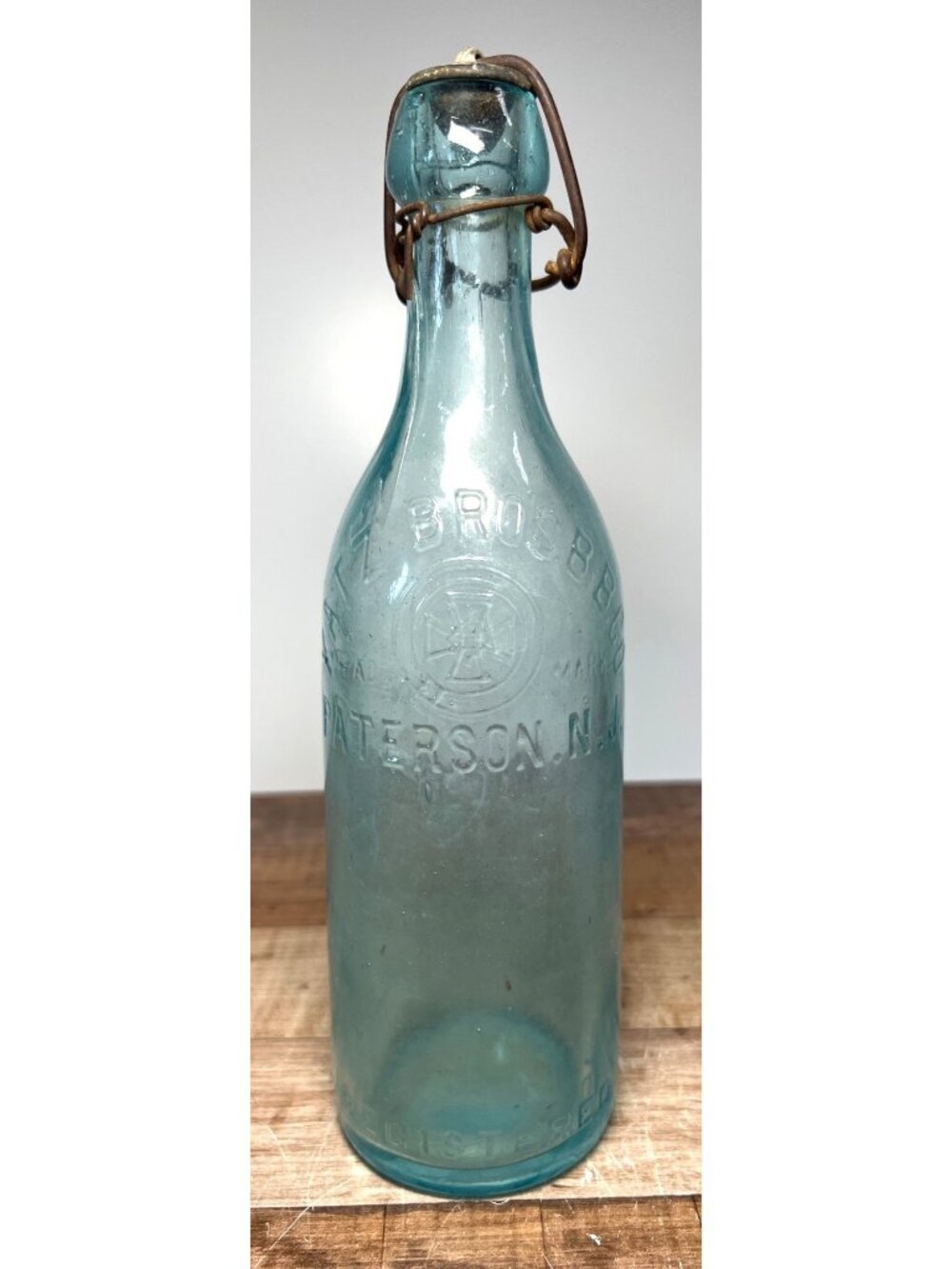 Antique 19th Century Wm Lutz Bros Paterson NJ Glass Bottle Wire Bale Closure